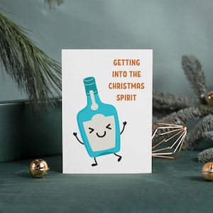 entrer dans l'esprit de Noël carte de Noël drôle | de voeux festives de vacances de jeu de mots | Jeux de mots amusants pour les amateurs de boissons