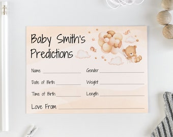 Personalised Baby Prediction Cards | Cute Watercolour Bear Baby Guessing Game | Boho Shower Predictions | Gender Neutral Birth Prediction