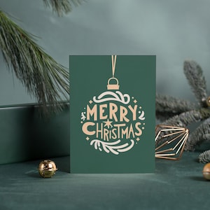 Tarjeta festiva con adornos navideños / Linda y elegante tarjeta navideña estilo bohemio para mamá, abuela, tía, vecina, maestra / Tarjeta tipográfica verde y beige