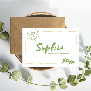 Leuke golvende grillige bruidsmeisjeskaarten | Kleurrijk, word jij mijn bruidsmeisje? | Aangepast fotovoorstel bloemenmeisje | Oranje en groen