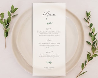 Printed Vellum Wedding Menu Cards | Personalised Eucalyptus Foliage Green Leaf Design | Custom Minimal & Elegant Botanical Guest Dinner Menu