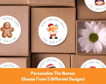 Personalised Christmas Stickers | Custom Xmas Gift Wrapping | Festive Christmas Present Name Stickers (Glossy) | Family Holiday Round Labels