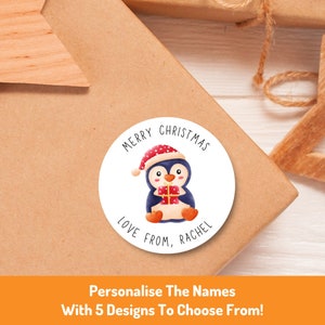 Adesivo personalizzato per confezioni regalo natalizie a forma di pinguino / Etichette regalo festive con nome personalizzato / Adesivo natalizio lucido / Etichette per le feste in famiglia