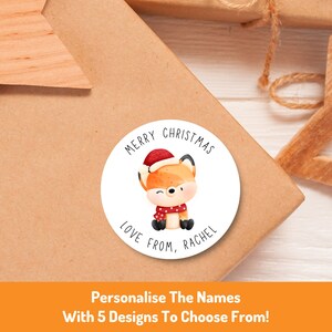 Pegatinas navideñas personalizadas de zorro / Envoltorio de regalo de Navidad personalizado / Pegatinas con nombre para regalos navideños festivos (brillantes) / Etiquetas para fiestas familiares
