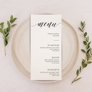 Gedruckte Pergament-Hochzeits-Menükarten | Personalisiertes minimalistisches Menü-Design | Individuelles einfaches & elegantes Party-Guest-Dinner-Menü | Modern Schick
