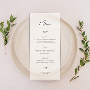 Wydrukowane welinowe karty menu weselnego | Spersonalizowany wzór z zielonymi liśćmi eukaliptusa | Niestandardowe minimalistyczne i eleganckie menu dla gości w stylu botanicznym