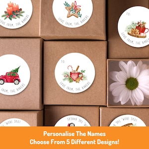 Pegatinas personalizadas para envolver regalos de Navidad / Pegatinas personalizadas con nombre para regalos de Navidad festivos (brillantes) / Lindas etiquetas redondas para fiestas familiares