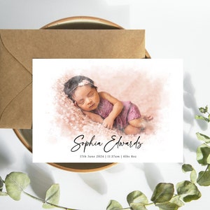 Personalised Watercolour Newborn Announcement Card | Custom Baby Boy Shower Thank You | Congratulations New Baby Girl Photo Keepsake Gift