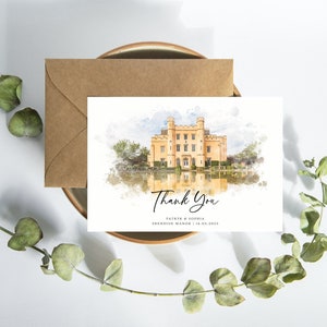 Personalised Wedding Thank You Card Watercolour Wedding Venue Custom Thank You Card With Photo Minimal Unique Venue Illustration Card image 1