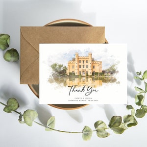Tarjeta de agradecimiento de boda personalizada / Lugar de celebración de boda estilo acuarela / Tarjeta de agradecimiento personalizada con foto / Ilustración minimalista y única del lugar
