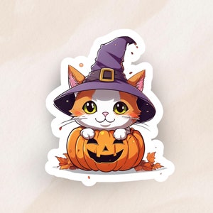 Sticker Halloween mignon chat kawaii | Sticker pour ordinateur portable citrouille sorcière chat | Stickers muraux brillants Chat fantasmagorique dans un chapeau de sorcière pour agenda