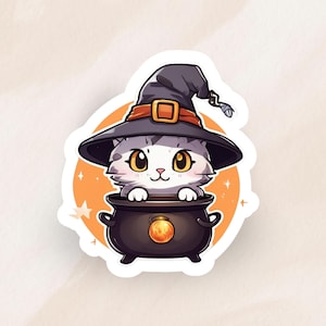 Sticker Halloween mignon chat kawaii | Sticker pour ordinateur portable chat sorcière | Chat chaudron effrayant dans un chapeau de sorcière brillant pour carnet de notes | Chat d'Halloween