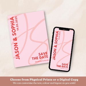 Retenez la date roses et rouges modernes avec enveloppes | Cartes postales plates colorées de style carte postale | Invitation moderne, contemporaine et audacieuse