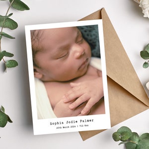 Cartões de agradecimento personalizados com foto de bebê novo | Cartão de agradecimento personalizado minimalista e elegante dobrado para anúncio de bebê | Cartão de recém-nascido estilo Polaroid