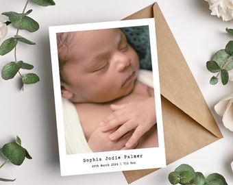 Biglietti di ringraziamento personalizzati con foto per neonati / Annuncio di nascita personalizzato minimale ed elegante Biglietto di ringraziamento piegato / Biglietto per neonato in stile Polaroid