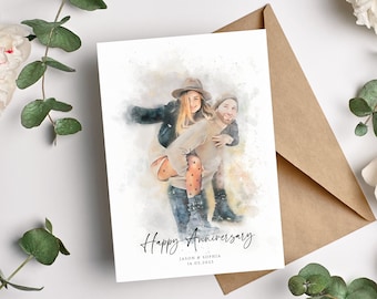 Personalised Anniversary Card | Watercolour Style Couples Portrait | Custom Wedding Anniversary Photo Card | Unique Newlywed Illustration
