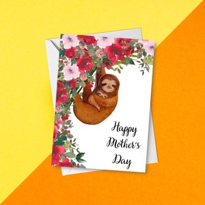 Adorable perezoso con flores rojas y rosas / Tarjeta floral para el Día de la Madre para la mejor mamá / Familia de perezosos en los árboles / Mamá e hijo