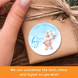 Stickers baby shower Team Boy personnalisés | Aquarelle personnalisée il ou elle devinera les étiquettes du jeu de sexe | Étiquette de révélation de genre Circle (brillant)