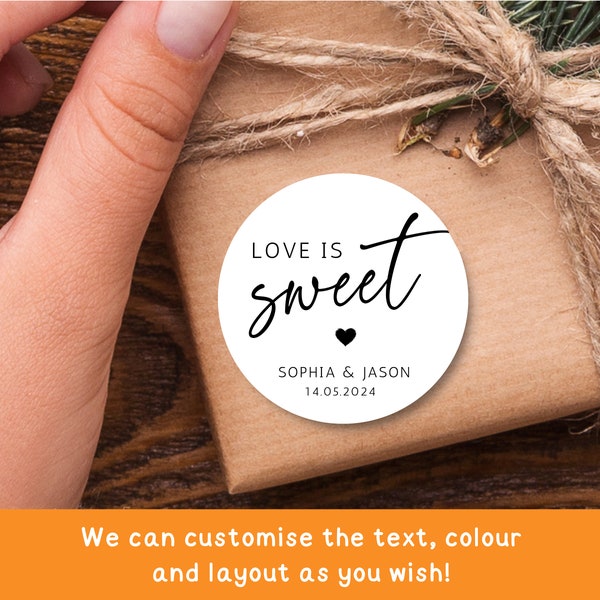 Stickers cadeaux personnalisés L'amour est doux | Étiquette brillante personnalisée pour sac de fête | Etiquettes nuptiales | Stickers ronds ronds et cornets