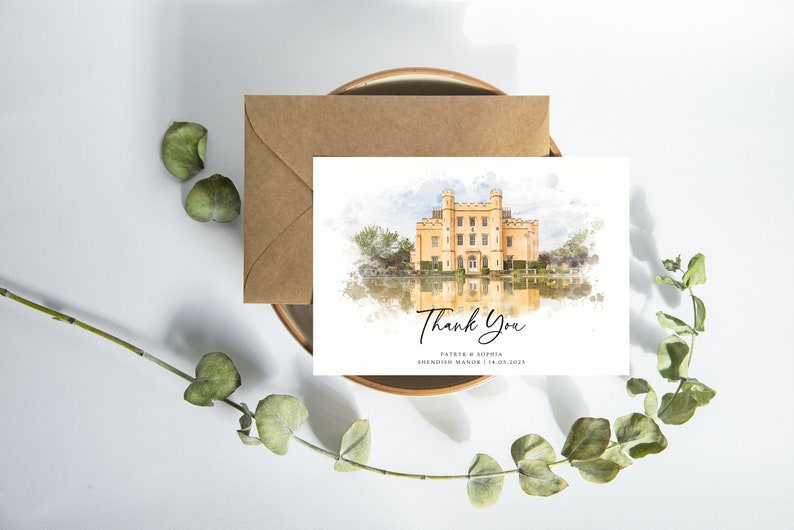 Personalised Wedding Thank You Card Watercolour Wedding Venue Custom Thank You Card With Photo Minimal Unique Venue Illustration Card image 1