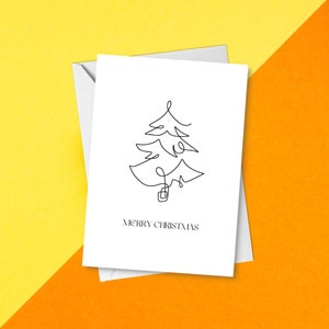 Cartão de Feliz Natal com Árvore de Natal Festiva | Cartão de Feliz Natal com Árvore de Natal com Arte Linear | Estética Natalina Minimalista e Elegante
