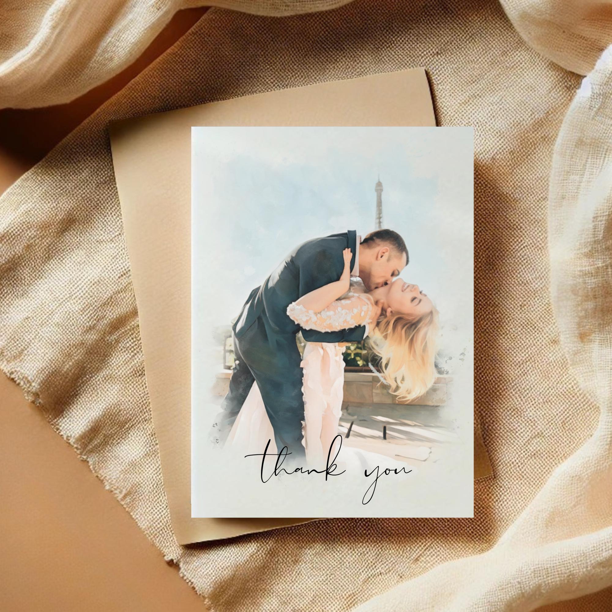 Personalised Wedding Thank You Card | Watercolour Style Portrait Venue | Custom Thank You Card With Photo | Minimal Unique Illustration