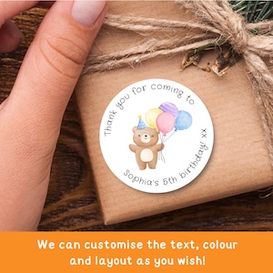 Gepersonaliseerde stickers kinderfeesttas | Aangepaste aquarel beer verjaardagsfeestje bedanklabels | Stickers cirkel snoepjes kegel (glanzend)