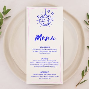 Spaß gewellte wunderliche Hochzeit Menükarten | Personalisierte bunte Menü-Design | Benutzerdefinierte Hand gezeichnet Party Gast Abendessen Menü | Skurril Doodle