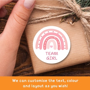 Roze sticker babyshower van het meisje van het team | Blauwe regenboog: hij of zij raad het geslacht gamelabel | Gender Reveal-tag in cirkel (glanzend) | Babystrooisel