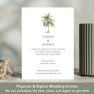 Invitación de boda con palmeras impresas / Invitación minimalista para boda en la playa / Invitaciones sencillas para bodas de destino / Estilo postal para recepción vespertina