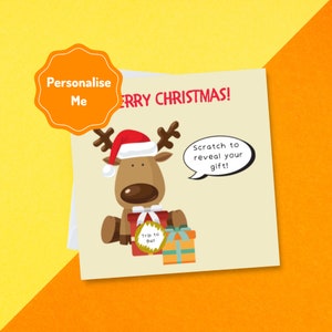 Biglietto di Natale con renna da grattare per rivelare il tuo regalo! / Biglietto di Natale personalizzato con gratta e vinci / Messaggio nascosto a sorpresa di Natale personalizzato