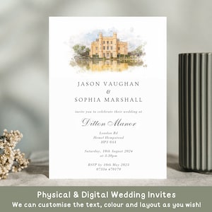 Invitación de boda impresa en estilo acuarela / Invitación elegante para el lugar de celebración de la boda / Tarjeta de invitación formal real / Tarjeta postal plana para recepción por la noche