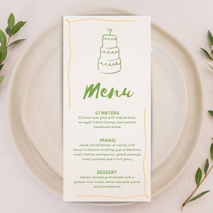 Zabawne faliste fantazyjne karty menu weselnego | Spersonalizowany kolorowy projekt menu | Niestandardowe ręcznie rysowane menu gości na kolację | Fantazyjny rysunek