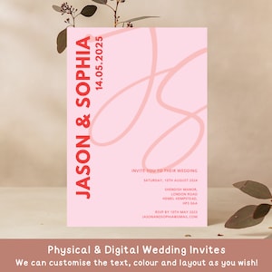 Invitación de boda en rosa y rojo intenso / Invitación minimalista moderna / Tarjeta de invitación contemporánea / Postal plana con monograma para recepción nocturna