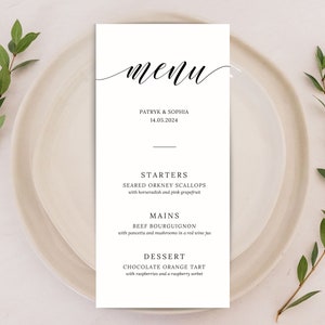 Tarjetas de menú de boda minimalistas impresas / Diseño de menú de vitela elegante personalizado / Menú de cena para invitados a fiestas personalizado, sencillo y bohemio / Moderno y elegante