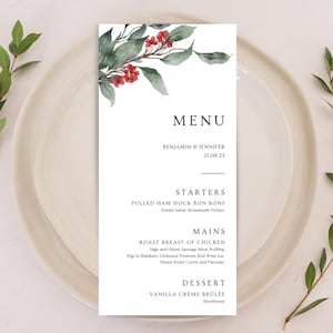 Wydrukowane Holly & Ivy Zimowe Menu Ślubne | Spersonalizowany Projekt Menu Kolacji Bożonarodzeniowej w Akwarelach | Świąteczne Menu Gości na Przyjęcie Bożonarodzeniowe