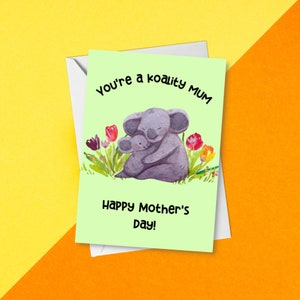 Eres una mamá koalita / Tarjeta del Día de la Madre / Divertido koala verde para el Día de la Madre / Lindos tulipanes para mamá, mami, mamá, madrastra, tía, abuela