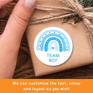 Blauwe sticker babyshower teamjongen | Roze regenboog: hij of zij raad het geslacht-spellabel | Gender Reveal-tag in cirkel (glanzend) | Babystrooisel