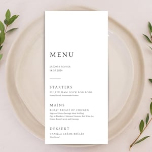Gedruckte Pergament-Hochzeits-Menükarten | Personalisiertes minimalistisches Menü-Design | Individuelles einfaches & elegantes Party-Guest-Dinner-Menü | Modern Schick