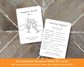 Customisable Hangover Relief Kit Cards | Personalised Hen Party & Wedding Favour Survival Kit Card | Bachelorette Hangover Recovery Bag Card