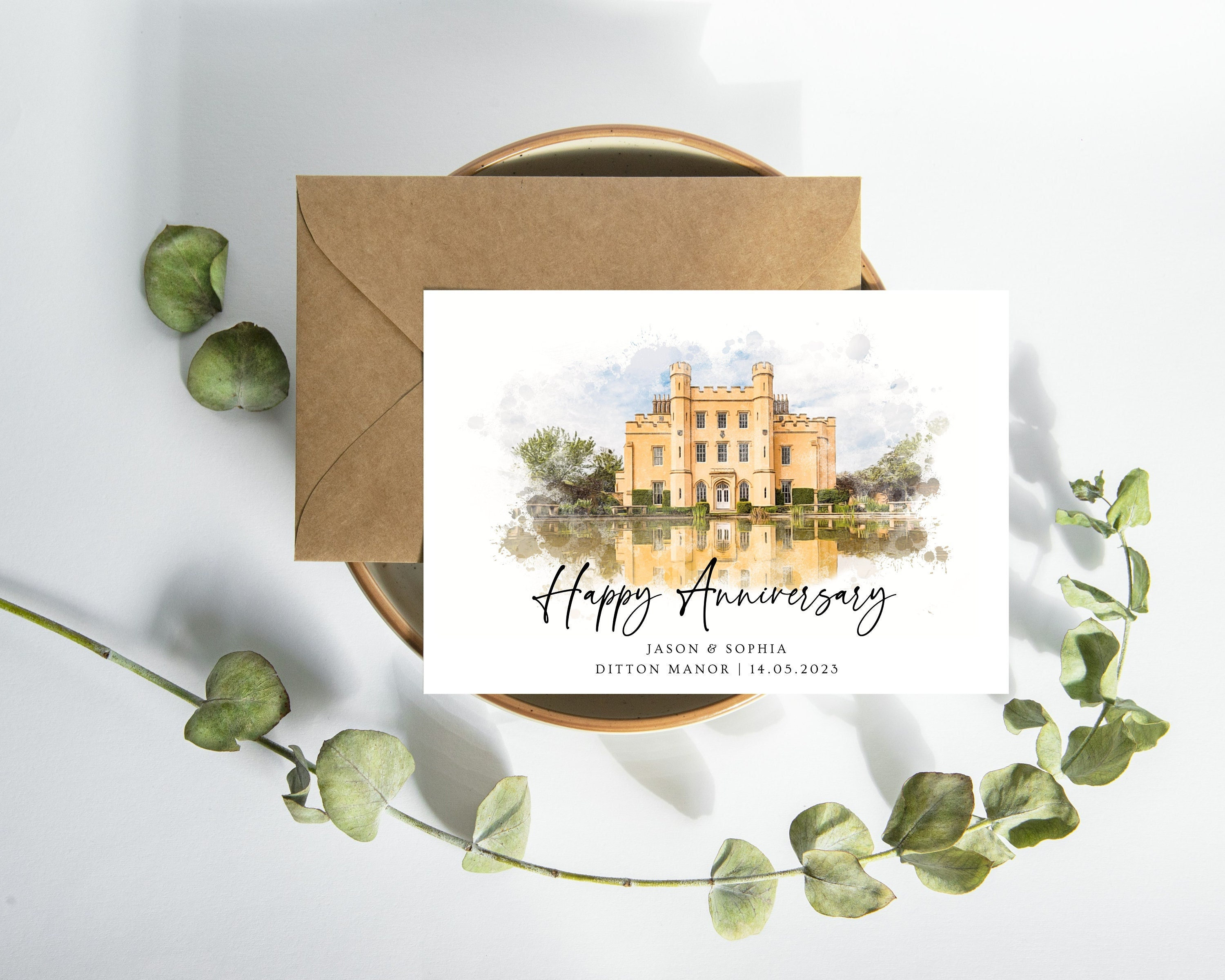 Personalised Anniversary Card | Watercolour Style Wedding Venue | Custom Happy Wedding Anniversary Photo Card | Unique Venue Illustration
