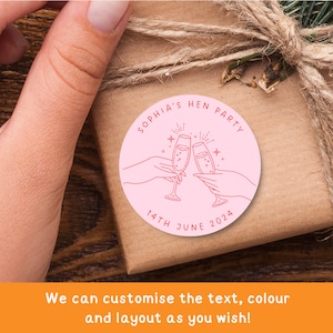Adesivi personalizzati per bomboniere per addio al nubilato rosa e rosso / Etichette lucide personalizzate per borse per addio al nubilato / Etichetta rotonda per matrimonio in stile boho bridal party