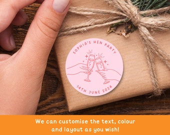 Personalised Pink & Red Hen Party Favor Stickers | Custom Glossy Bachelorette Party Bag Labels | Boho Bridal Party Round Circle Wedding Tag
