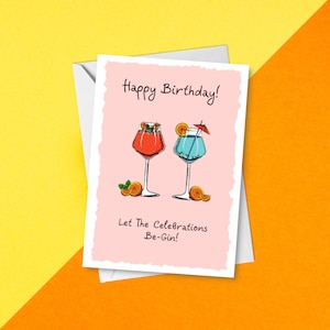Biglietto di compleanno con gioco di parole "Che i festeggiamenti abbiano inizio" / Biglietto di compleanno con alcol rosa, carino, divertente e chic / Biglietto di compleanno con cocktail al gin rosa e gioco di parole / Gioco di parole sul cocktail