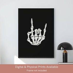 Skeleton Hand Wall Art | Rock On Halloween Home Decor | Punk Rock Gothic Print | Emo Poster | Sign Of The Horns Rock &#39;n&#39; Roll Art Work