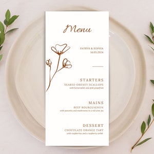 Tarjetas de menú de boda con vitela floral de color naranja polvoriento impresas / Diseño de menú minimalista personalizado / Menú de cena elegante personalizado / Menú boho chic