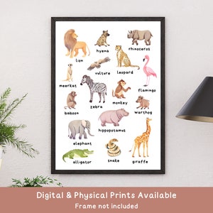 Arte de pared para guardería con animales de safari / Impresión de animales de la jungla para habitación de niños / Póster de animales para bebés, niños pequeños y niños que aprenden / Acuarela de animales