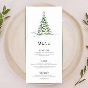 Gedruckte Pergament-Menü-Weihnachtskarte | Personalisierte Aquarell Winter-Hochzeits-Menü-Design | Festliches Feiertags-Weihnachtsbaum-Party-Gast-Menü