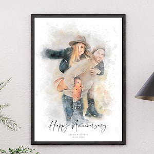 Aangepaste bruiloft portret in aquarelstijl | Jubileumcadeau voor stellen | Gepersonaliseerde pasgetrouwde kerstcadeau geïllustreerde afdruk van foto