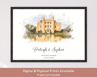 Personalised Wedding Venue Illustration | Watercolour Wedding Gift For Couples | Custom Anniversary Present For Wife, Husband, Spouse